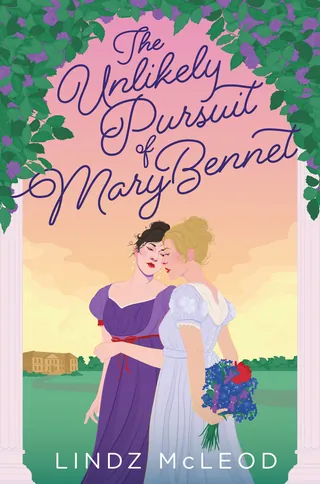 Two women in historical dresses embracing with flowers and green foliage background.