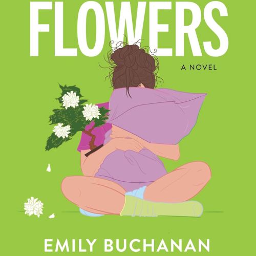 Book cover with woman holding purple bouquet on green background.