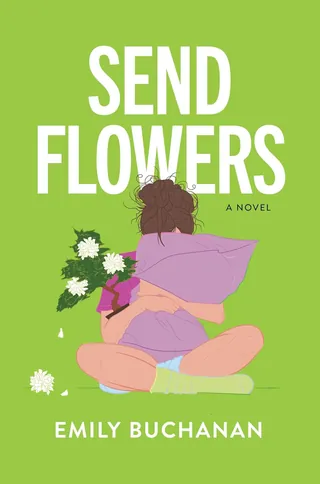 Book cover with woman holding purple bouquet on green background.