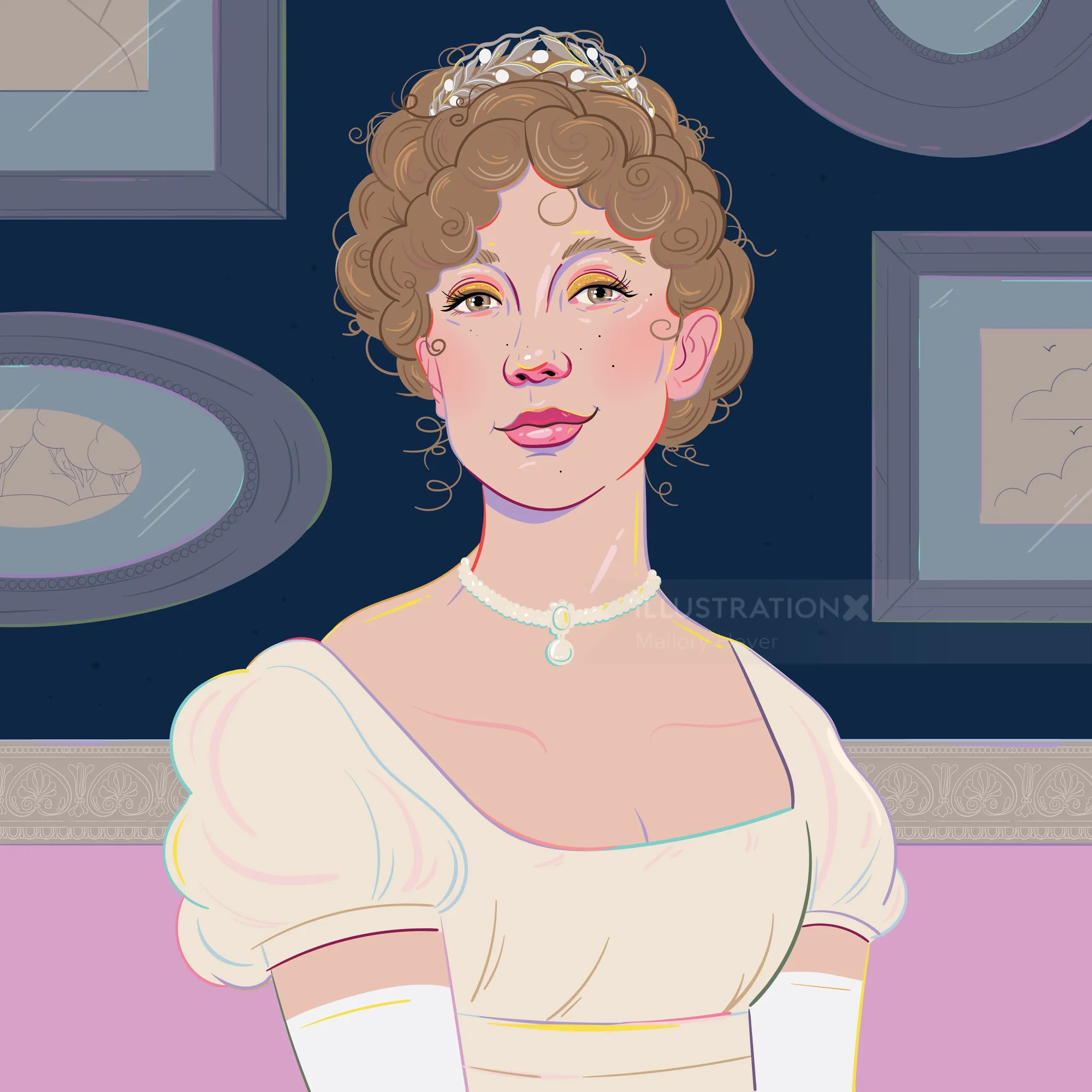 Illustration of a young woman in Regency dress with curly hair