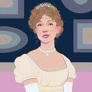 Illustration of a young woman in Regency dress with curly hair
