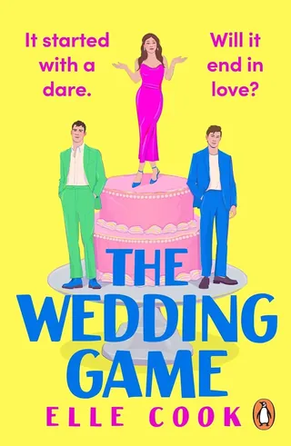 Woman in pink dress standing on cake between two men in suits