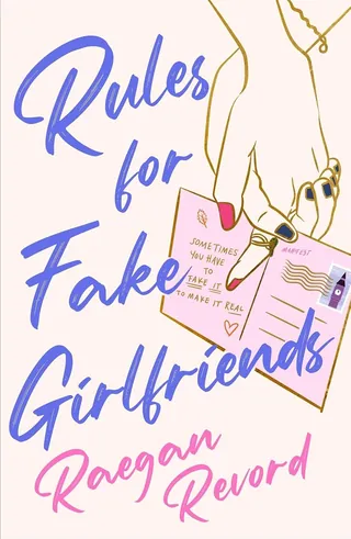 Book cover with hands holding a postcard and title in blue and pink text.