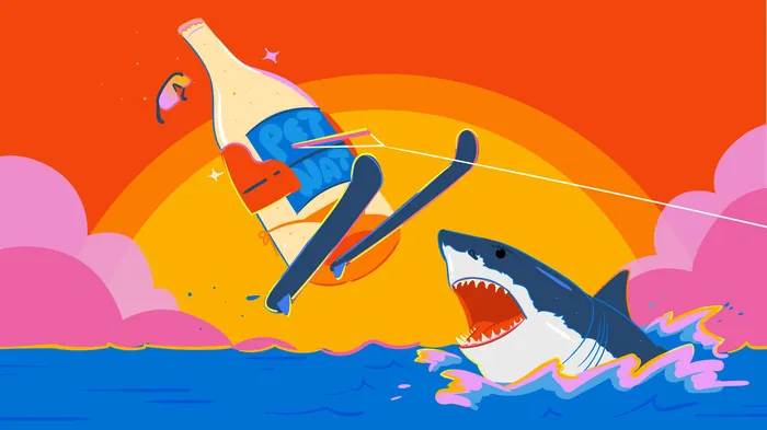 Whiskey bottle skiing above ocean with a shark jumping out of water