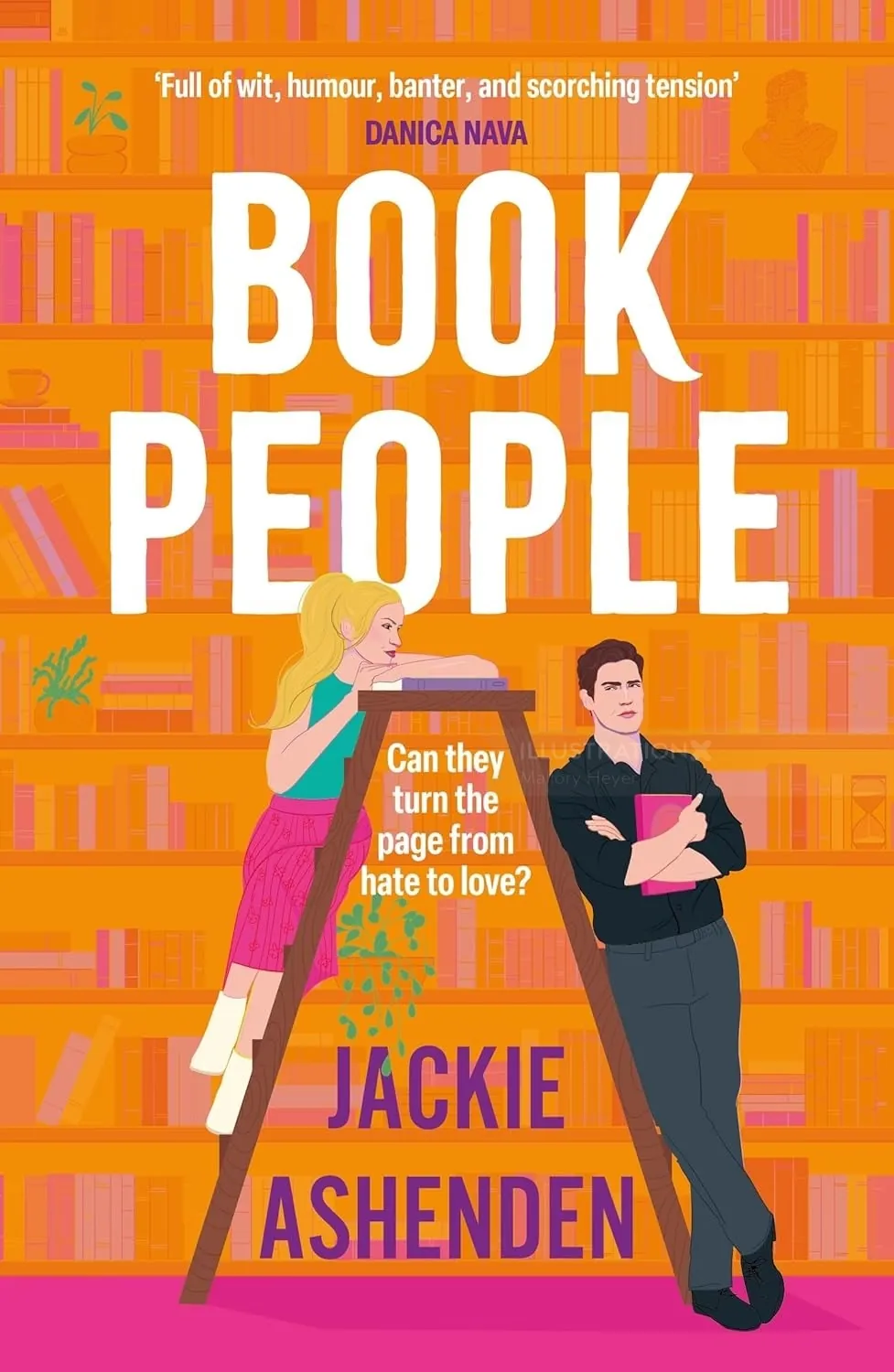 Illustration of a woman and man with bookshelves in background on Book People cover.