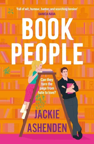 Illustration of a woman and man with bookshelves in background on Book People cover.