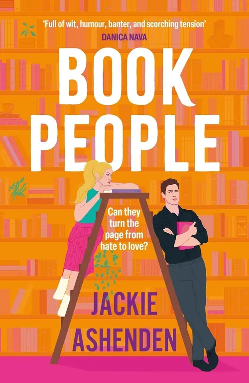 Illustration of a woman and man with bookshelves in background on Book People cover.