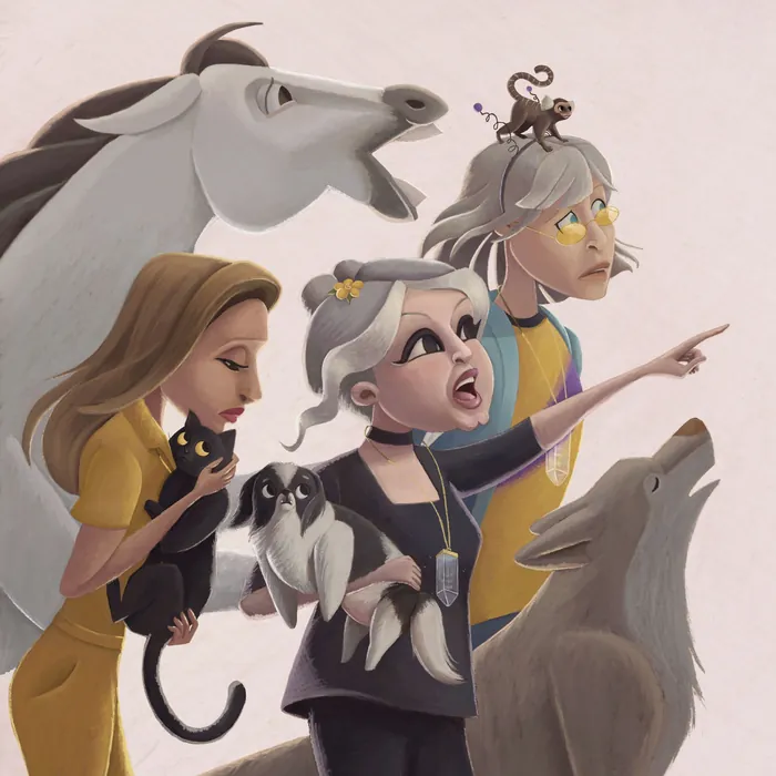 Three characters with animals, pointing and reacting with surprise