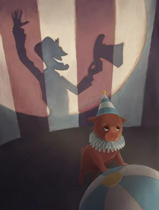 Dog with party hat casting shadow of magician with wand