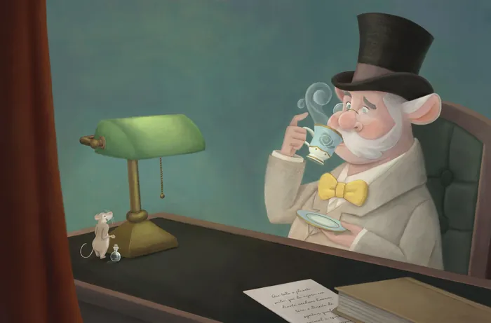 Illustration of a mouse in formal attire using a telephone at desk
