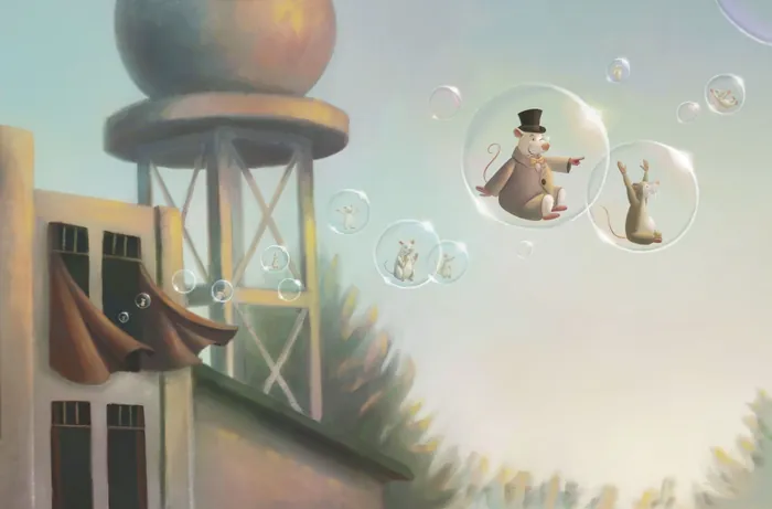 Illustration of animals floating in soap bubbles near a water tower