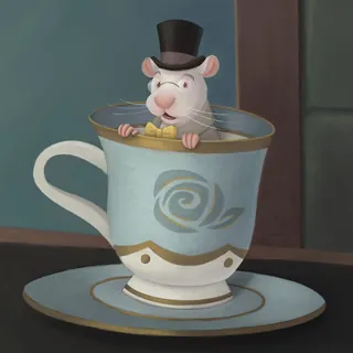 Mouse in a teacup wearing a top hat and monocle