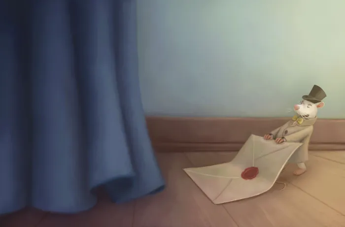 Small figure pulls a large sealed letter near a blue curtain