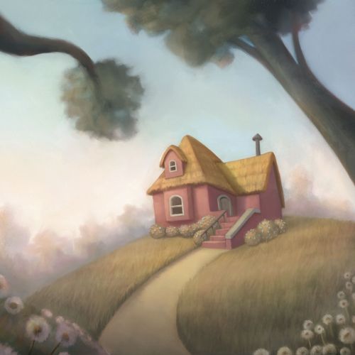 Whimsical house on a hill surrounded by trees and flowers