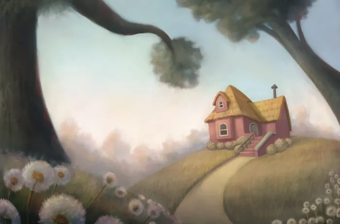 Whimsical house on a hill surrounded by trees and flowers