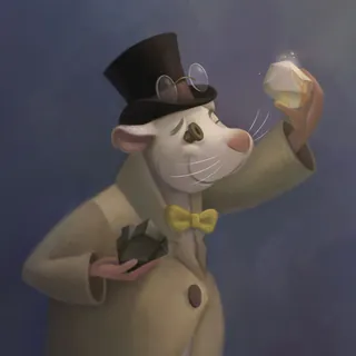 Mouse in hat and coat examining a glowing gem