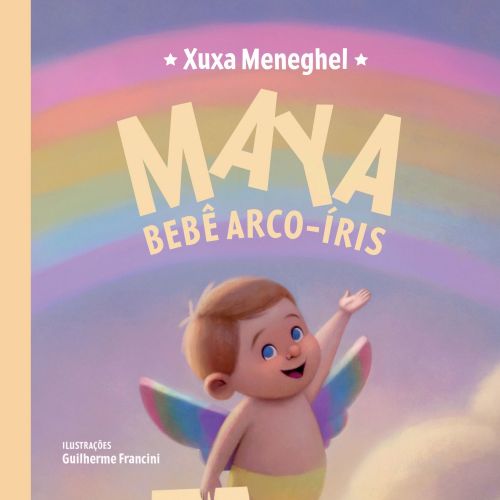 Illustration of baby angel with rainbow wings on clouds