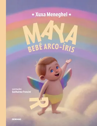 Illustration of baby angel with rainbow wings on clouds