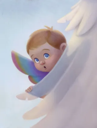 Illustration of a baby with rainbow wings peeking from behind white feathers