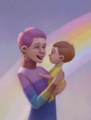 Woman holding baby with rainbow background