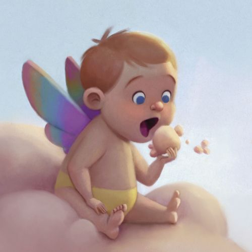 Illustration of a baby with rainbow wings holding a small bird on a cloud