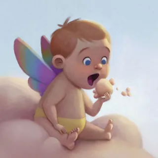Illustration of a baby with rainbow wings holding a small bird on a cloud