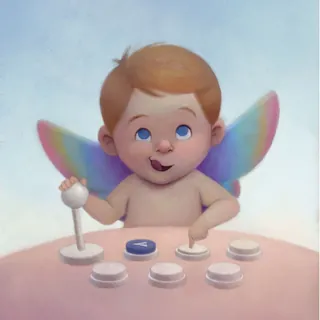 Baby with rainbow wings playing with colorful buttons