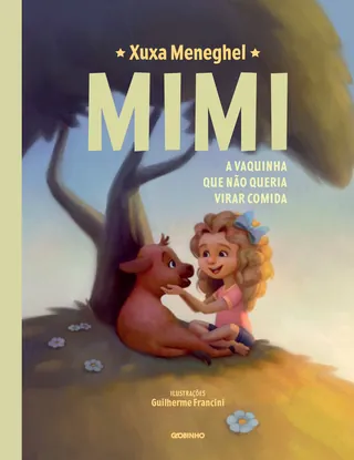 Girl sitting with a small brown calf under a tree in a children's book illustration