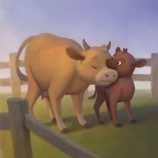 Illustration of a mother cow and her calf nuzzling in a field