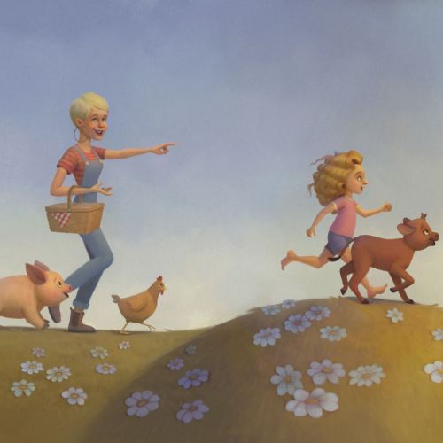 Children walking with a pig, dog, and chicken on a flowered hill