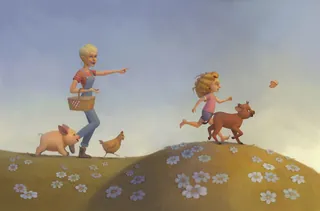 Children walking with a pig, dog, and chicken on a flowered hill