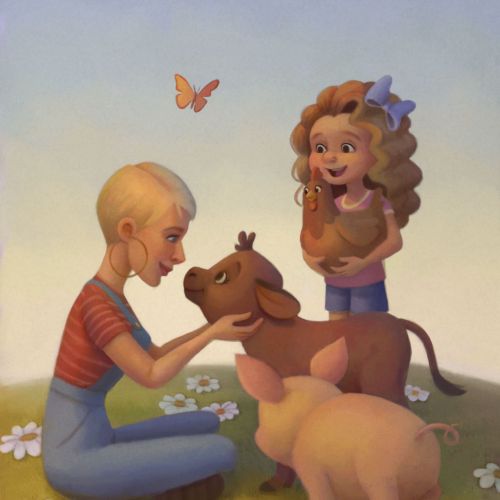 Two children playing with a calf and piglet in a flower field