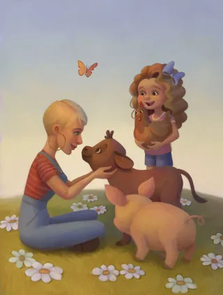 Two children playing with a calf and piglet in a flower field
