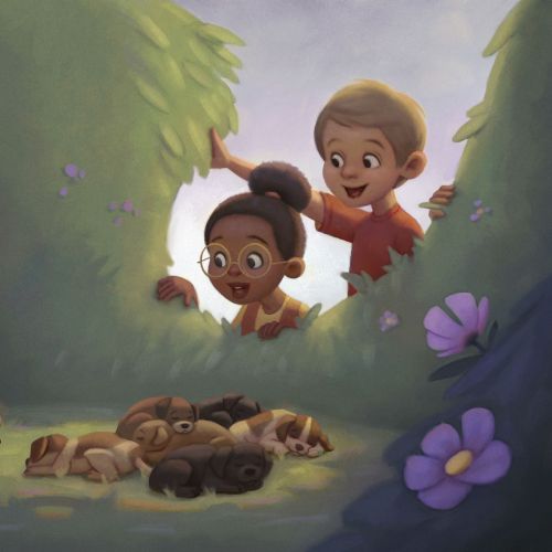 Two children watching small animals in forest clearing with flowers