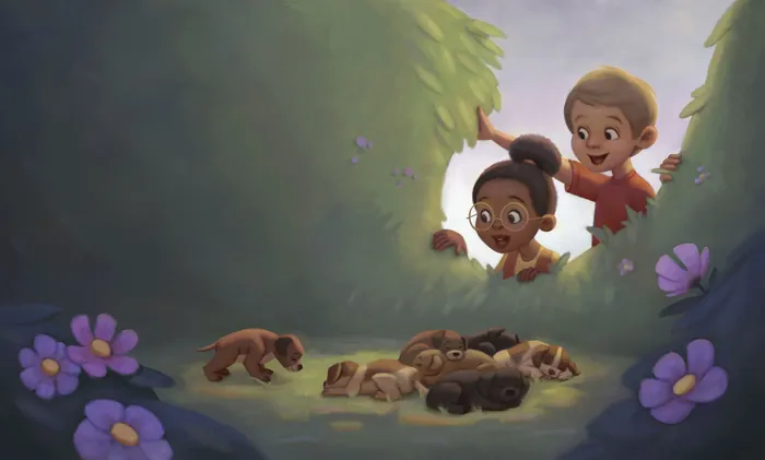 Two children watching small animals in forest clearing with flowers