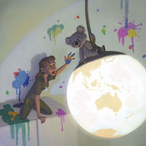 Child and koala painting colorful globe light in room