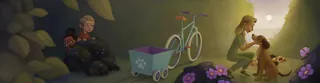 Woman petting a dog near a bicycle and flowers at dusk