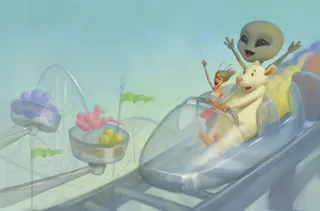 Child and alien riding a transparent roller coaster with colorful seats