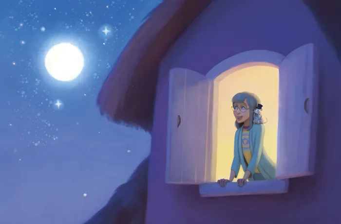 Girl looking out window at starry night with full moon