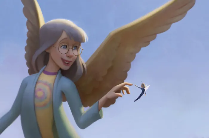Illustration of an angelic grandmother holding a tiny man with wings