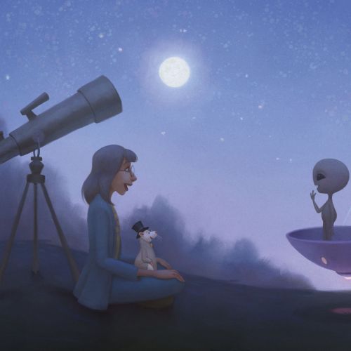 Girl and dog watch alien in spaceship under night sky with telescope