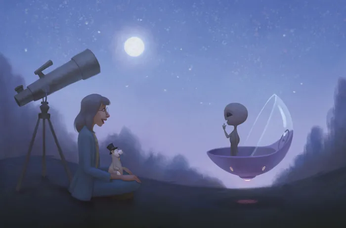 Girl and dog watch alien in spaceship under night sky with telescope