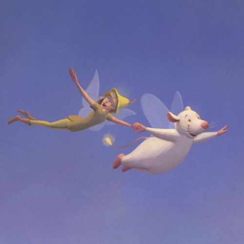 Boy with yellow hat flying while holding hands with flying cow