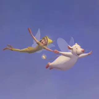 Boy with yellow hat flying while holding hands with flying cow