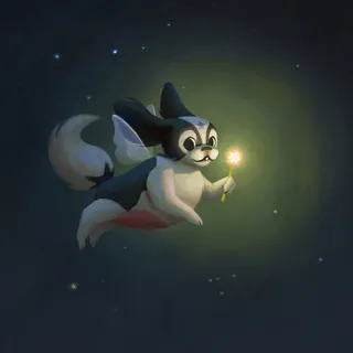 Illustration of a flying fairy dog holding a glowing wand at night