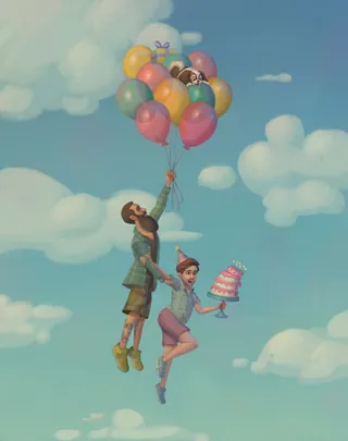 Two people floating with colorful balloons and a birthday cake in sky