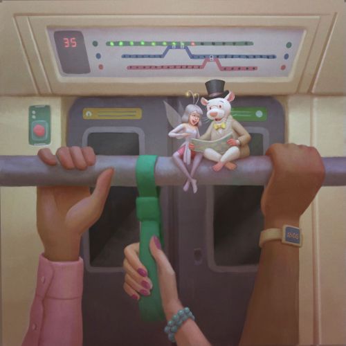 Illustration of two characters sitting on subway handrail between passengers' hands