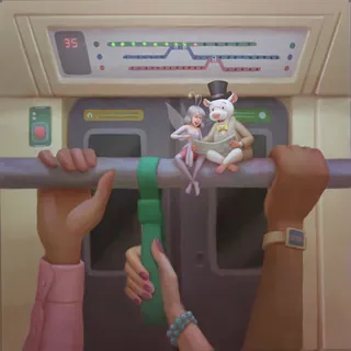 Illustration of two characters sitting on subway handrail between passengers' hands