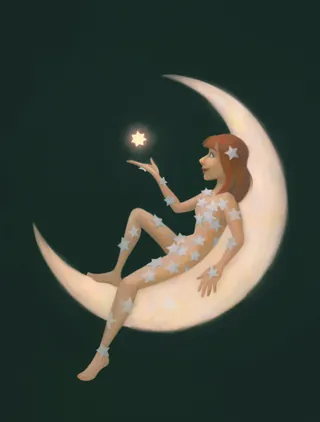 Young woman sitting on crescent moon holding a glowing star