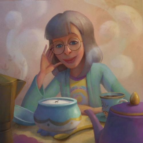 Woman with glasses smiling at an ant in a sugar bowl